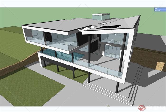 某现代风格底层架空别墅建筑楼设计su模型