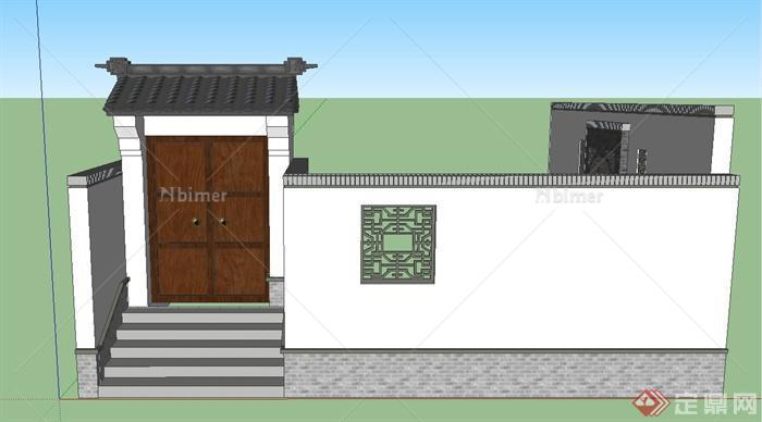古典中式建筑节点大门、围墙设计SU模型