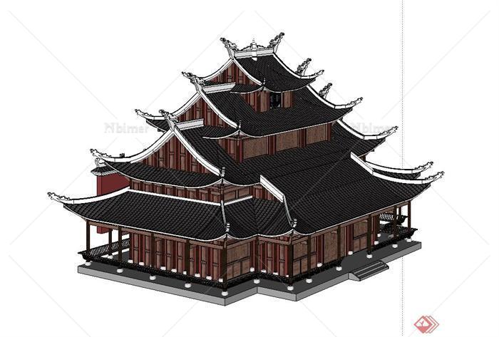 古典中式风格精致寺庙建筑设计su模型[原创]