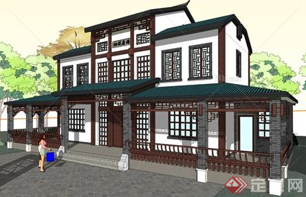 某现代中式风格居住建筑设计SU模型素材