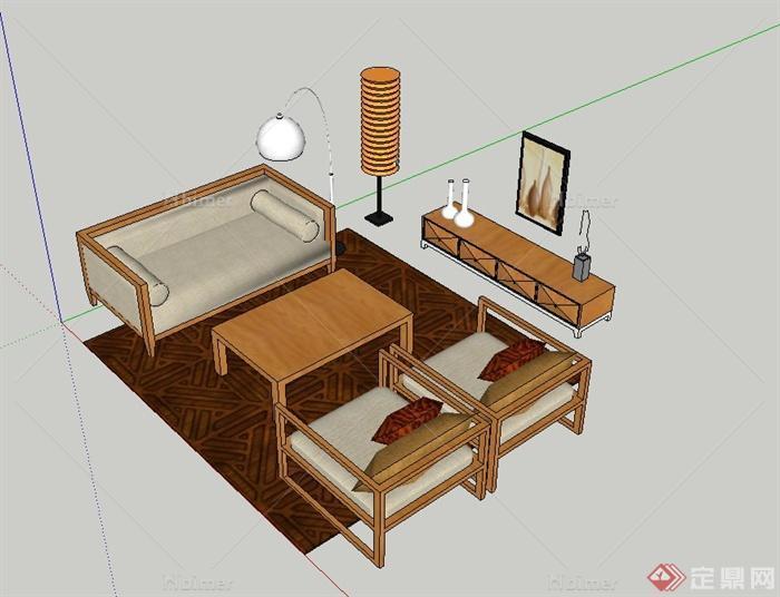 现代室内沙发、茶几、地柜组合设计SU模型