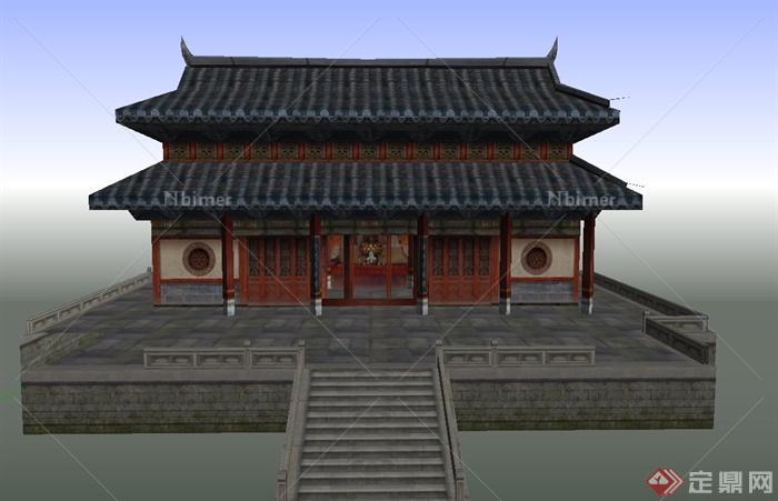 某古典中式单层双檐寺庙建筑设计SU模型