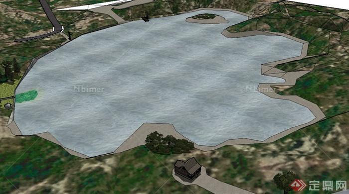 某滨水景观设计su模型（湖泊、工厂、房屋）