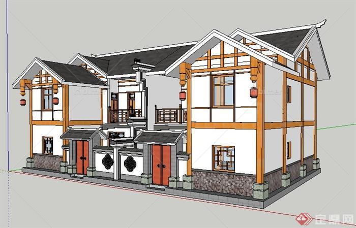 现代中式二层双拼别墅建筑设计su模型