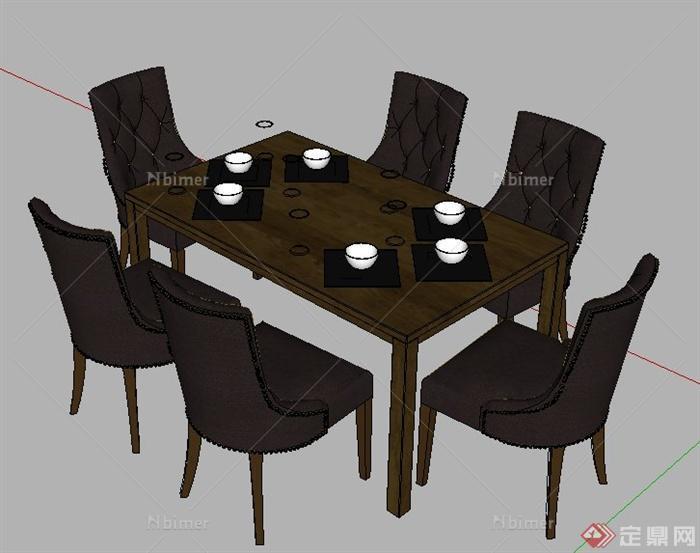 欧式古典六人座餐桌椅su模型