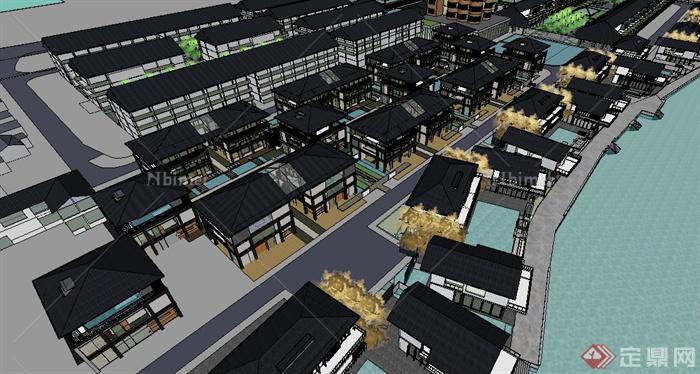 某沿河旅游景区住宅商业街建筑设计SU模型