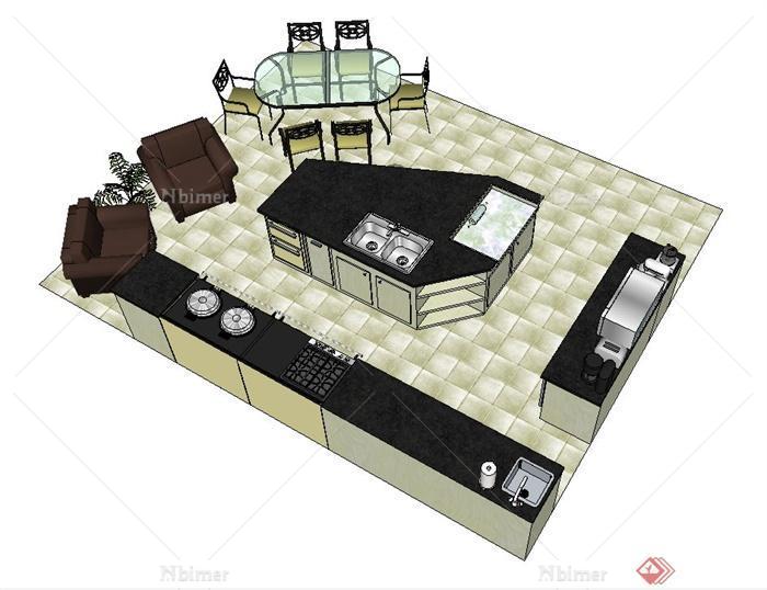 现代风格室内住宅空间厨房及家具设计su模型[原创