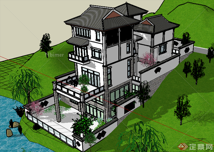 某现代中式风格山地别墅建筑设计SU模型素材