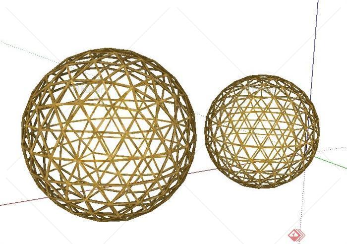 室内两个竹制圆球摆件设计SU模型