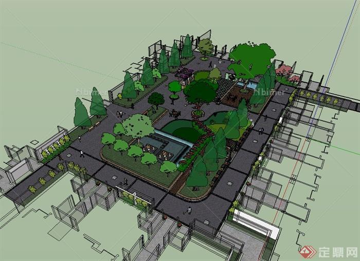 某现代风格住宅小区中庭休闲景观设计su模型[原创