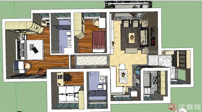 现代某三室一厅住宅空间装修详图设计SU模型[原创