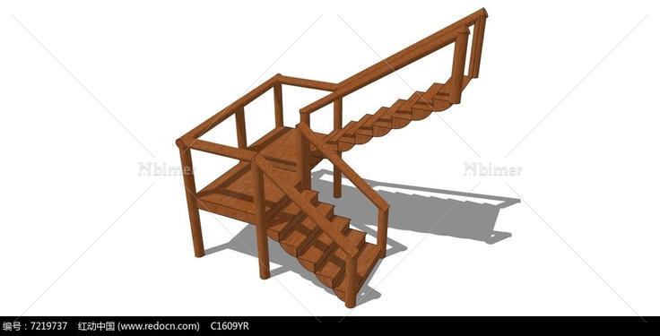 木质U型楼梯SU模型