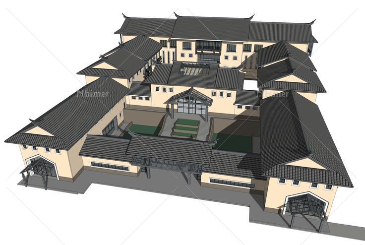 中式风格四合院式酒店建筑sketchup模型