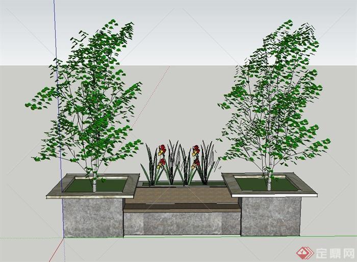 园林景观节点树池与坐凳组合设计CAD图SU模型