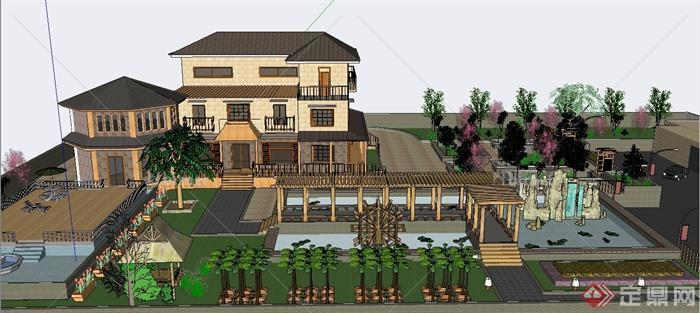 某中式风格多层住宅建筑庭院景观设计SU模型[原创