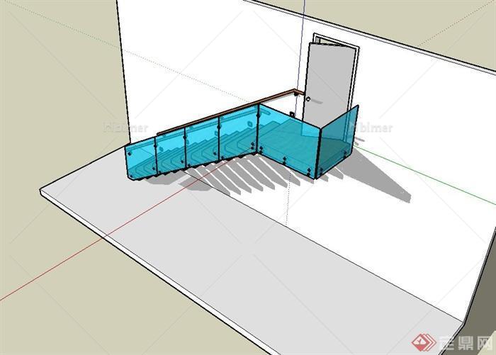 某现代风格玻璃栏杆建筑楼梯设计su模型[原创]