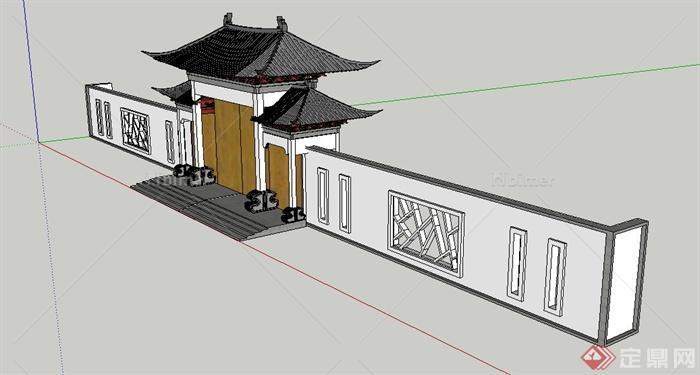 古典中式风格大门与围墙设计SU模型