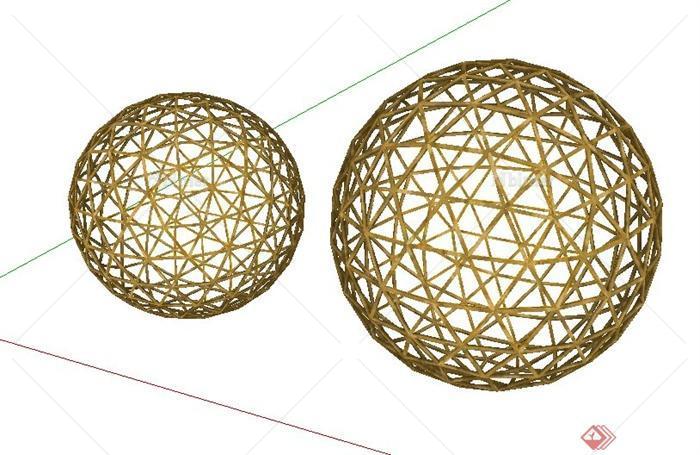 室内两个竹制圆球摆件设计SU模型
