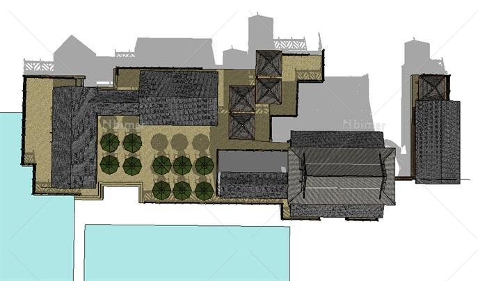 现代中式风格农家乐建筑设计su模型