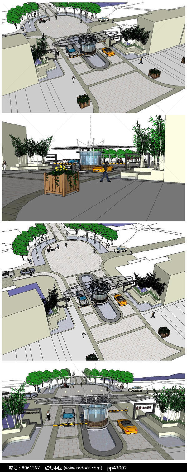现代时尚风格小区入口大门全景SU模型