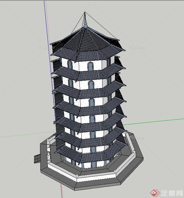 某古典中式七层塔楼建筑设计SU模型