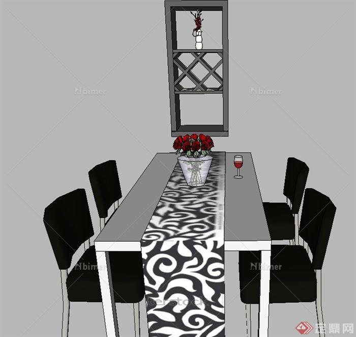 现代室内长方形四人餐桌椅设计SU模型