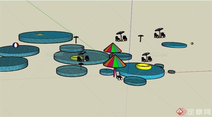 多个圆形泳池配套景观设计SU模型