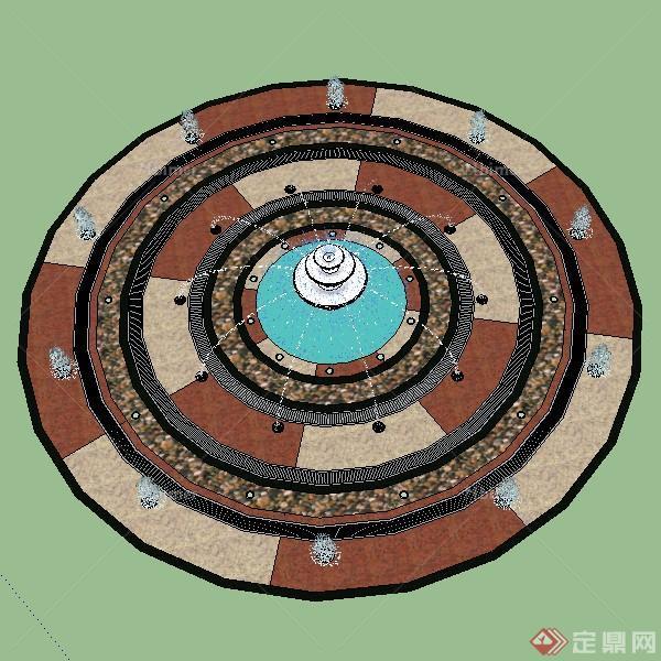 某欧式圆形喷泉池喷泉的设计SU模型素材