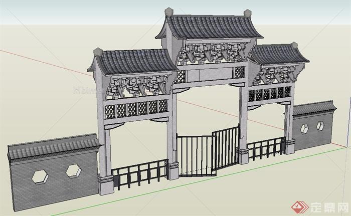 中式石材门廊牌坊设计SU模型