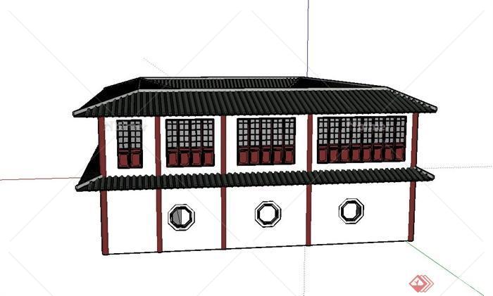 某古典中式风格两层四合院式禅房建筑设计SU模型