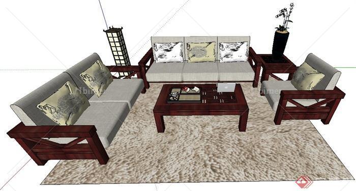 某现代中式风格沙发与茶几su模型