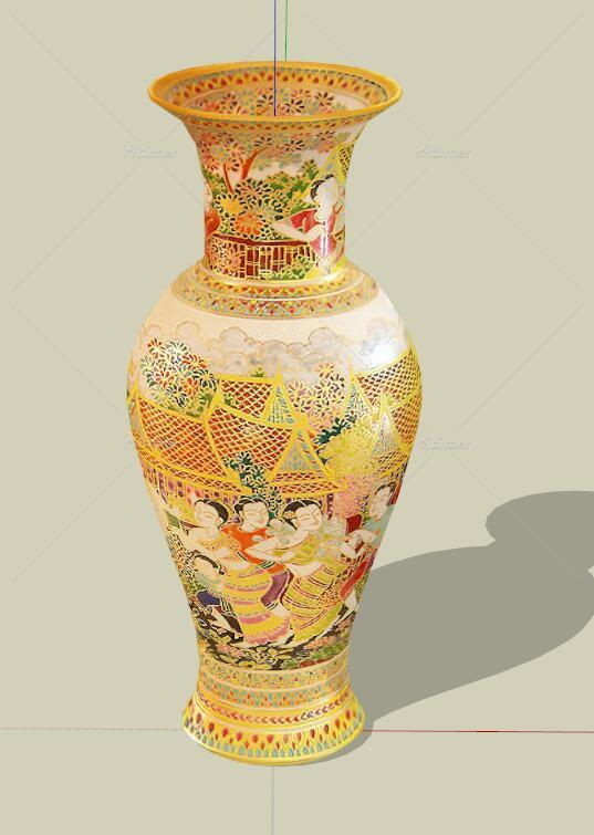 中式彩绘花瓶装饰瓶su模型[原创]