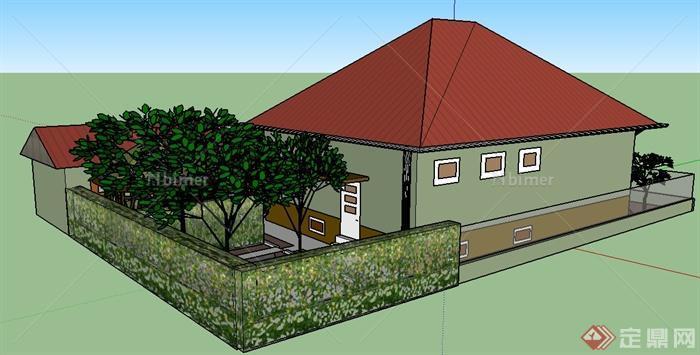 某现代风格庭院式住宅民居建筑设计SU模型