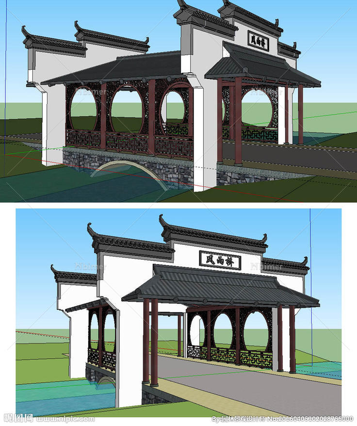 风雨桥建筑景观草图大师SU模型图片