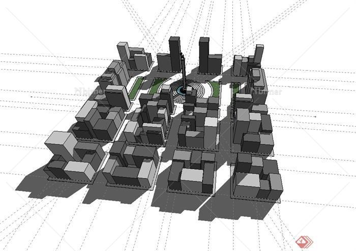 某现代风格综合建筑楼群及城市广场设计su模型[原