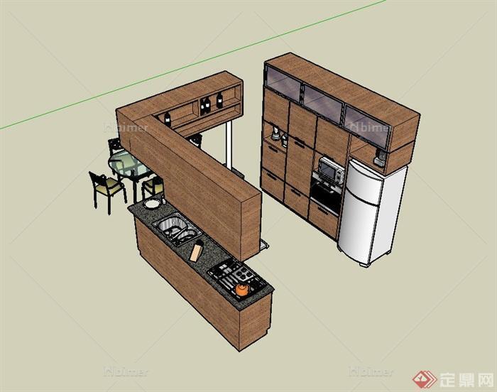 现代风格室内住宅空间开放式厨房设计su模型[原创