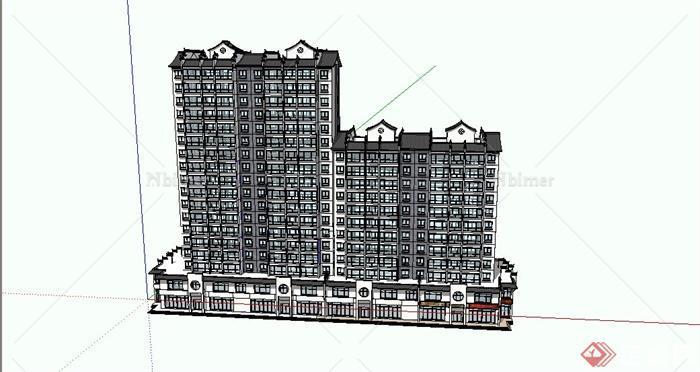 某简约现代中式风格高层商住楼建筑设计SU模型[原