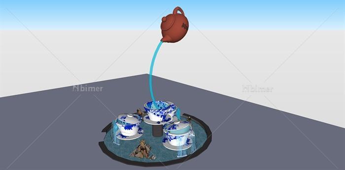 茶壶茶杯雕塑跌水景观su模型[原创]