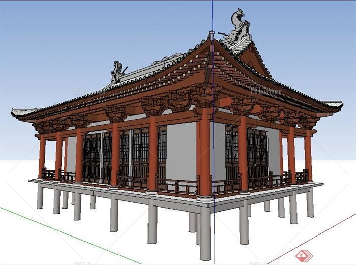 中式风格水中古建筑su模型