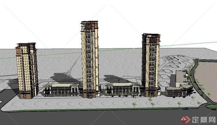 新古典风格商住楼商业建筑住宅楼建筑设计su模型