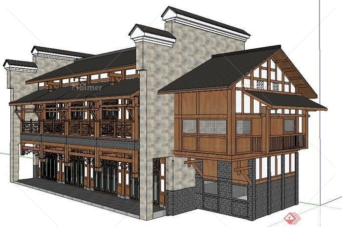 现代中式风格二层客栈建筑设计su模型