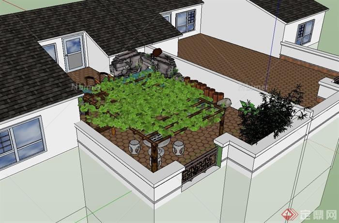 某现代中式风格屋顶庭院花园设计su模型[原创]