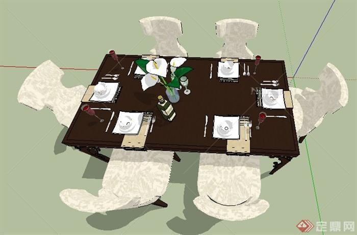 室内装饰中式6人座餐桌椅su模型