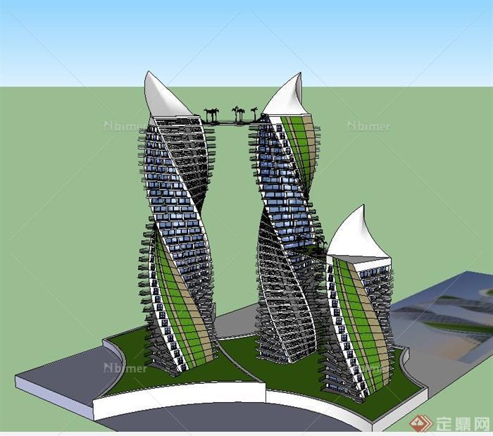 现代三栋高层异形纽带式办公建筑设计SU模型