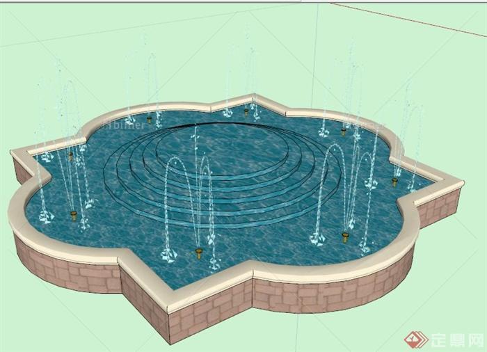 现代风格多边形喷泉叠水水景su模型
