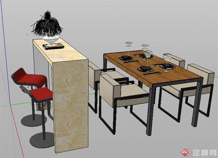 现代风格餐桌椅及吧台设计su模型
