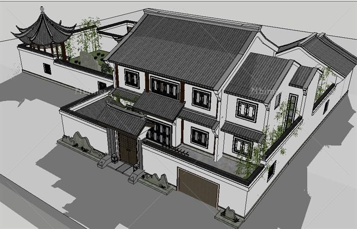 某中式小别墅建筑设计SU模型（带庭院景观）[原创