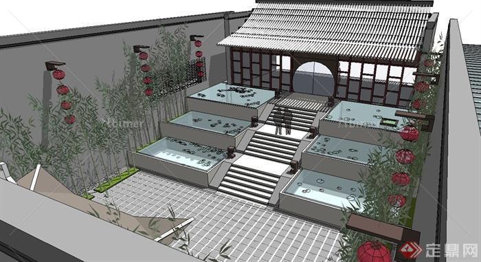 新中式风格带庭院住宅建筑设计cad方案及su模型[