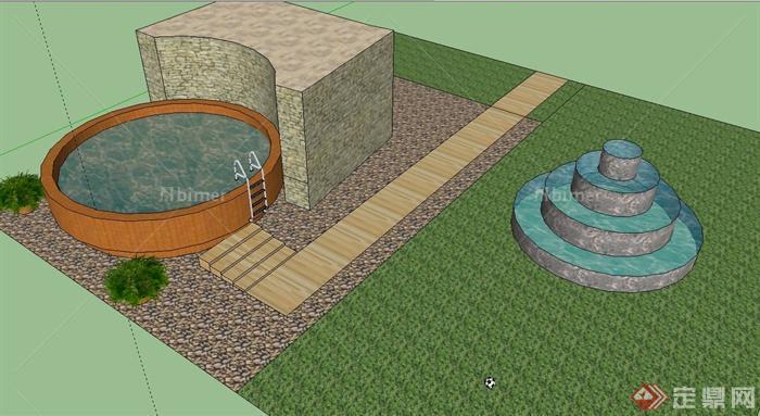 某泳池和跌水池景观设计SU模型