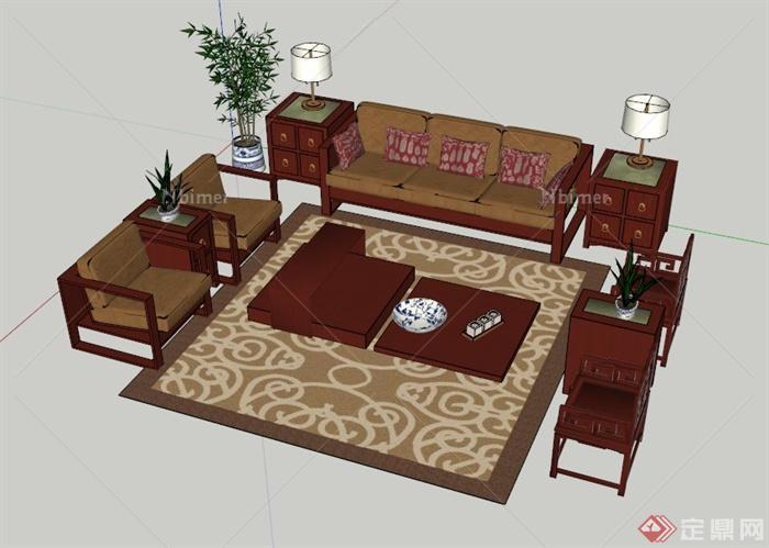 中式沙发茶几组合设计SU模型
